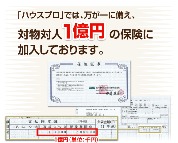 ハウスプロでは万が一に備え、対物退陣1億円の保険に加入しております